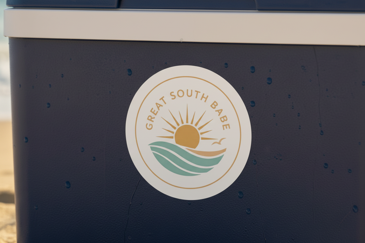 Great South Babe round vinyl sticker on a navy cooler at the beach
