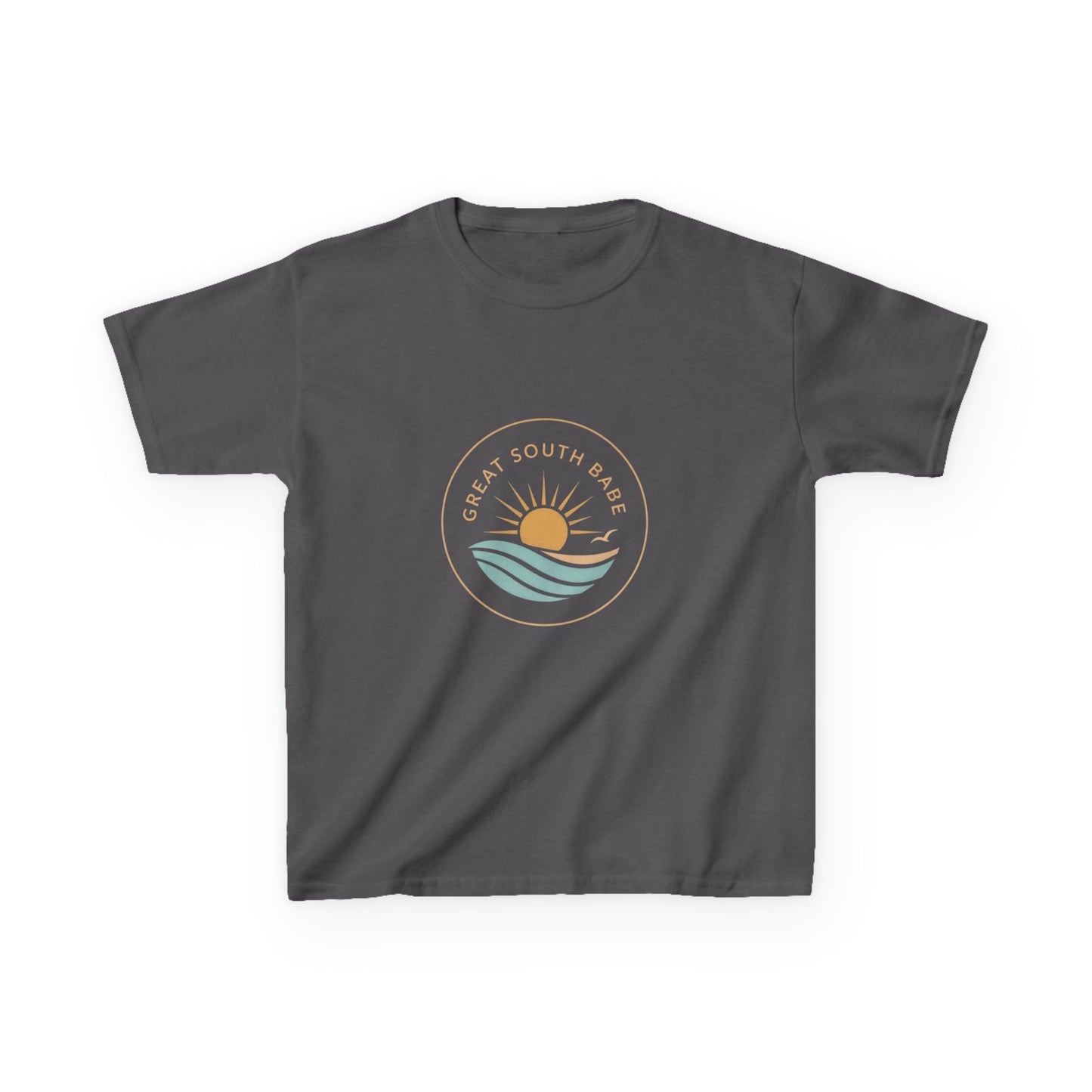 Charcoal Great South Babe Kids Tee - front view with circular sun and wave logo