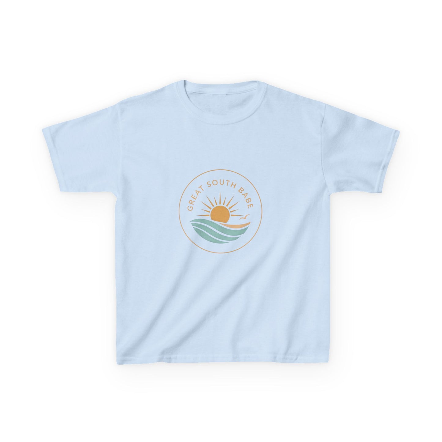 Light blue Great South Babe Kids Tee - front view with circular sun and wave logo