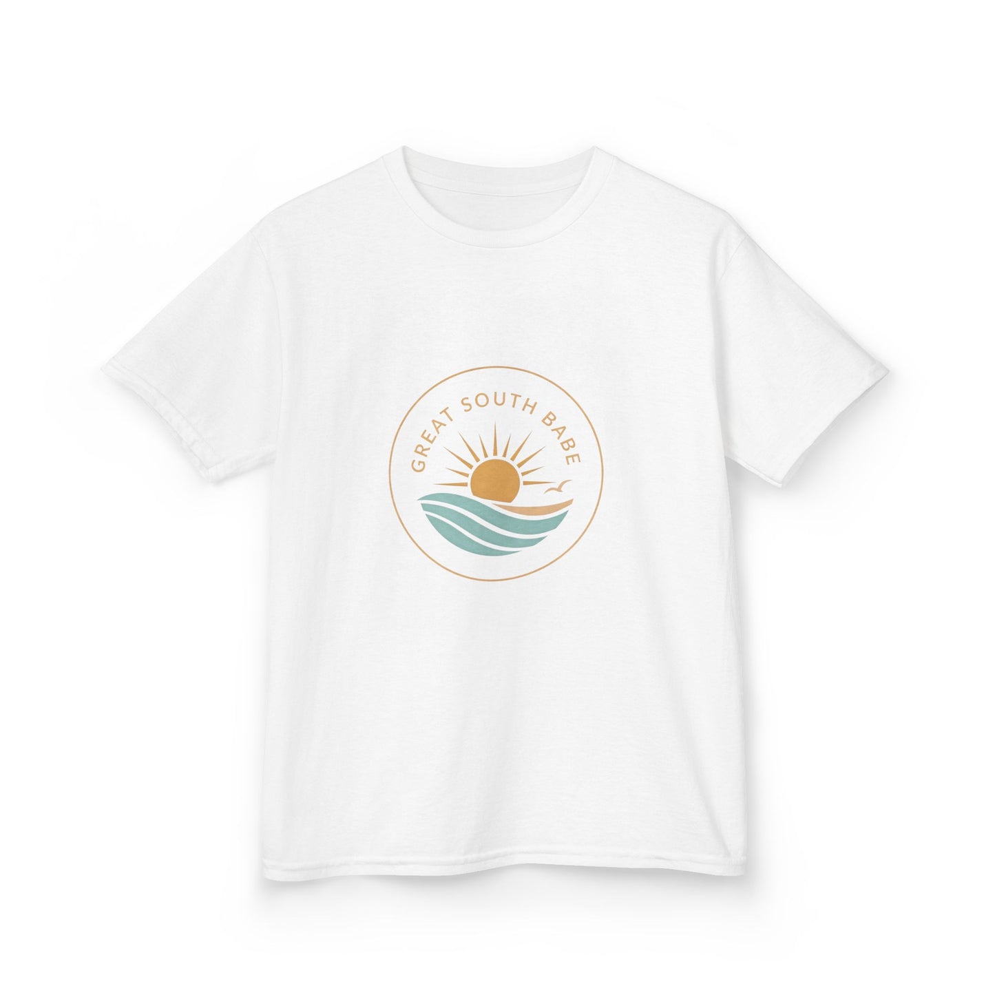 White Great South Babe Kids Tee - front view with circular sun and wave logo