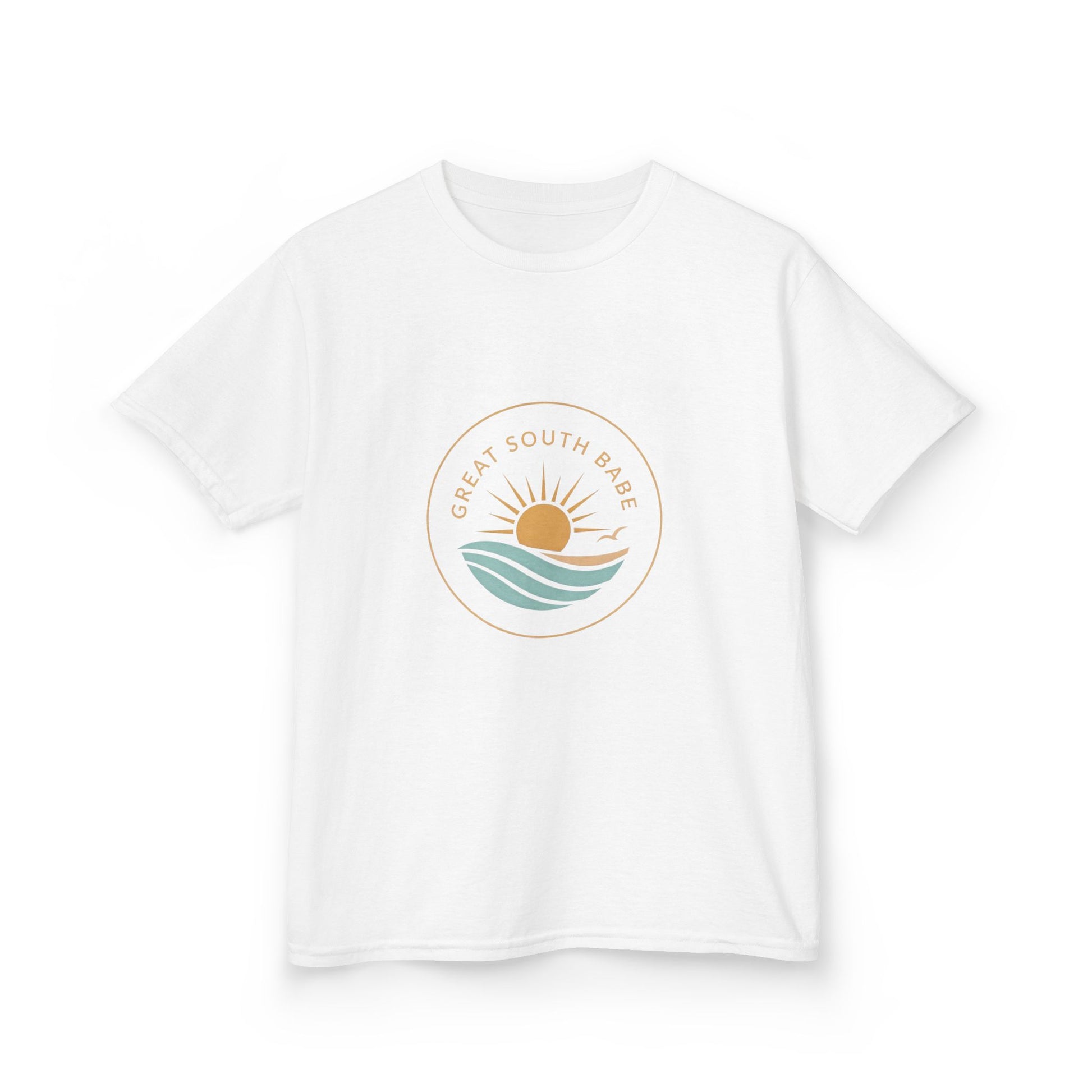 White Great South Babe Kids Tee - front view with circular sun and wave logo