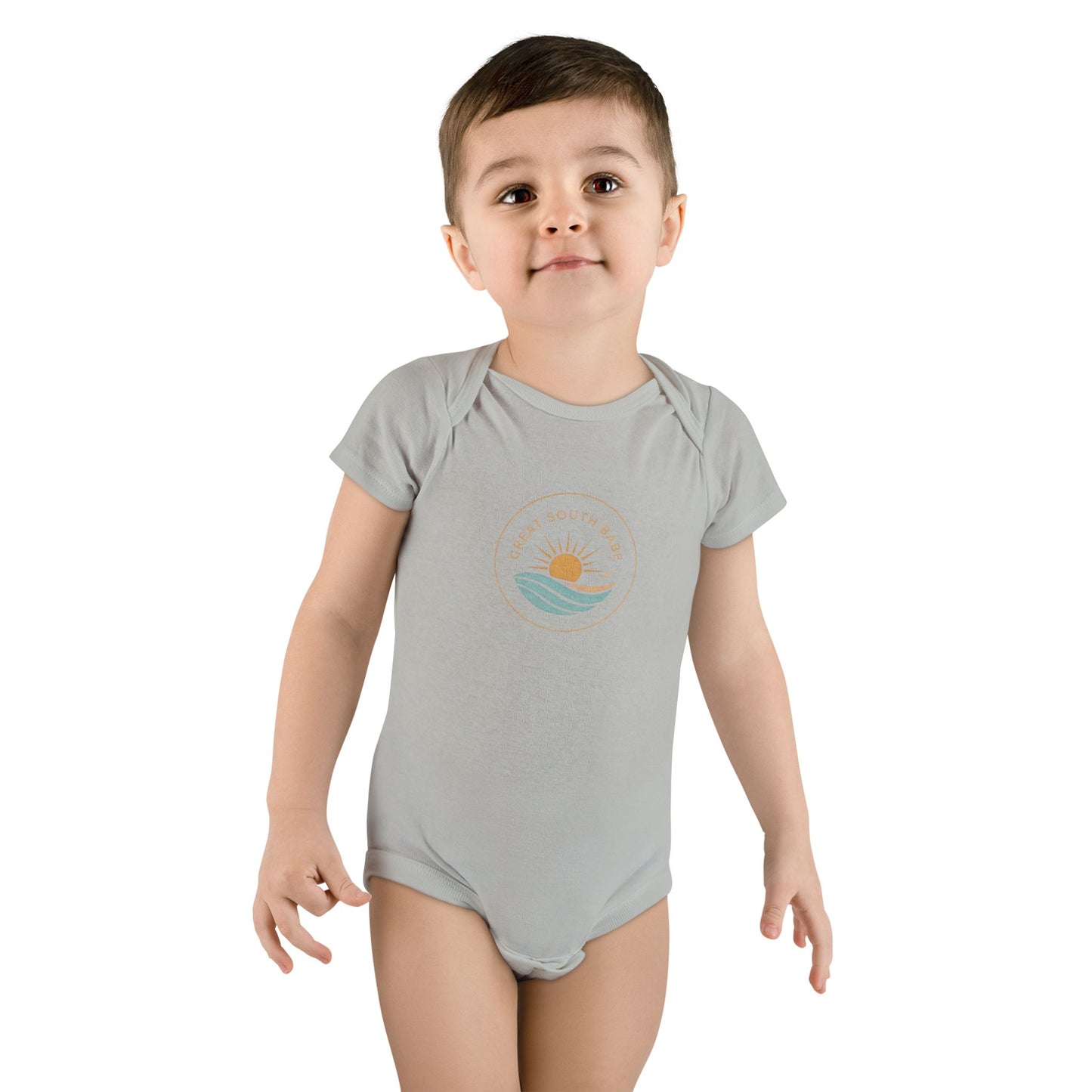 Toddler boy wearing sport grey Great South Babe onesie with sun and waves logo