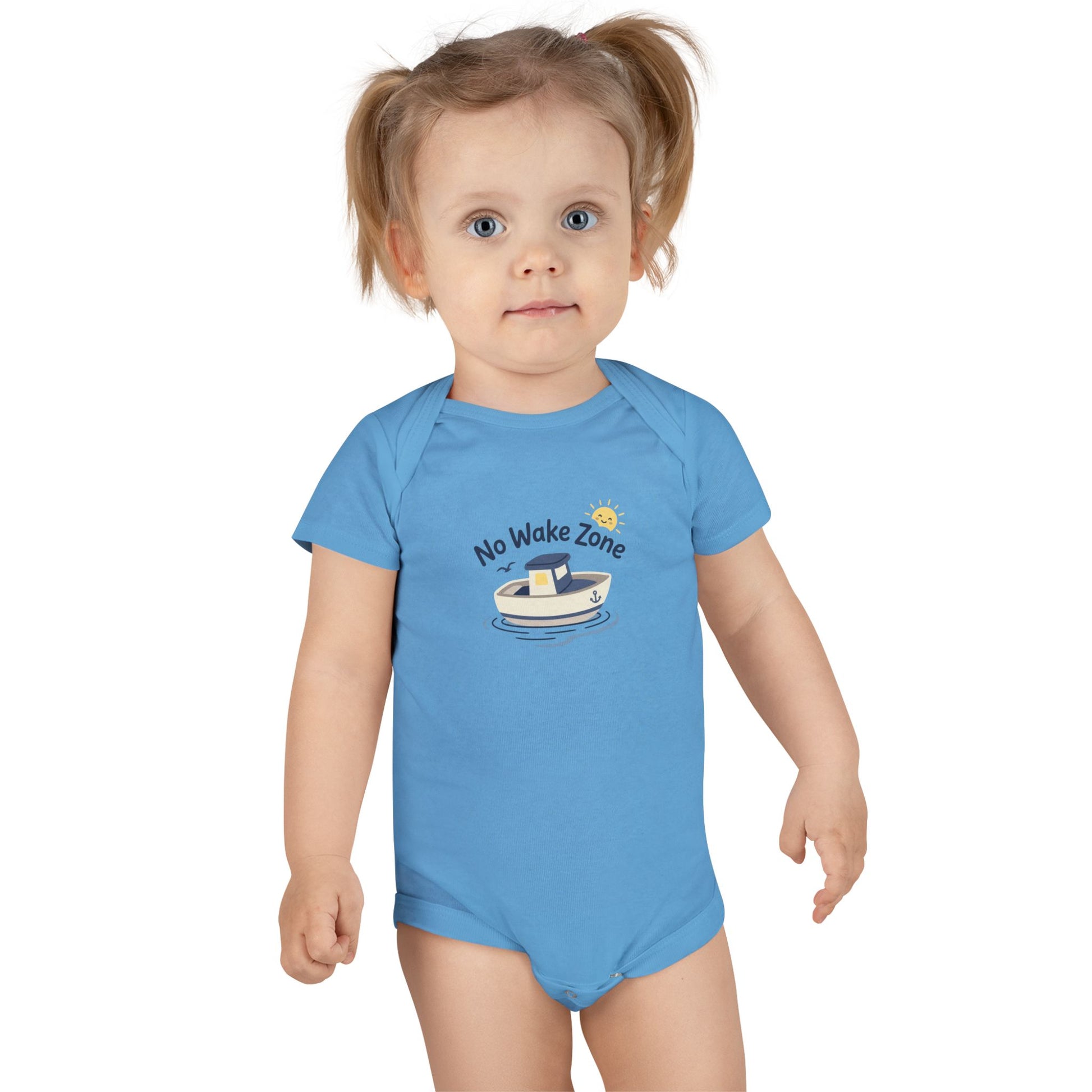 Pink No Wake Zone Onesie flat lay - back view, soft cotton baby bodysuit