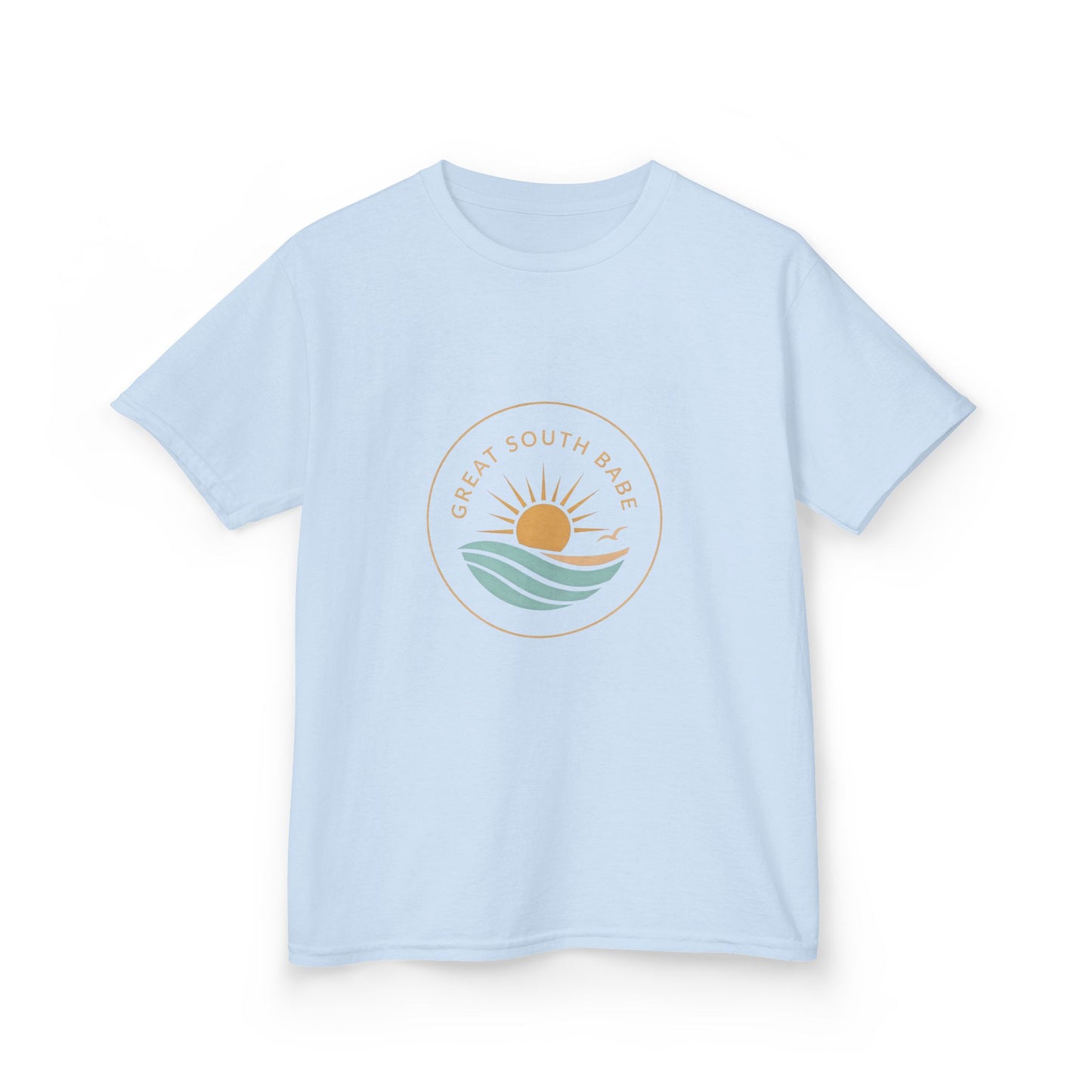 Light blue Great South Babe Kids Tee - angled front view with circular sun and wave logo