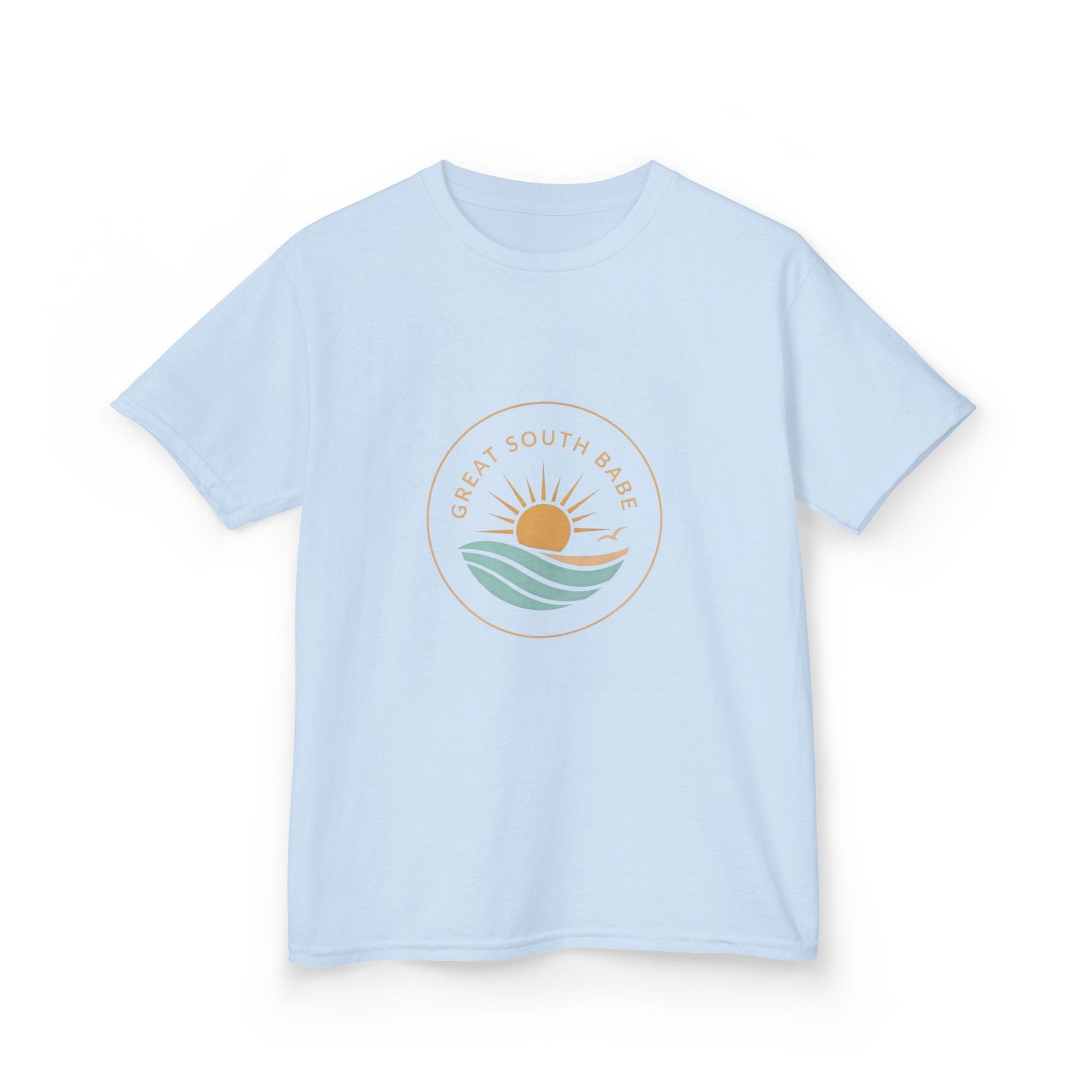 Light blue Great South Babe Kids Tee - angled front view with circular sun and wave logo