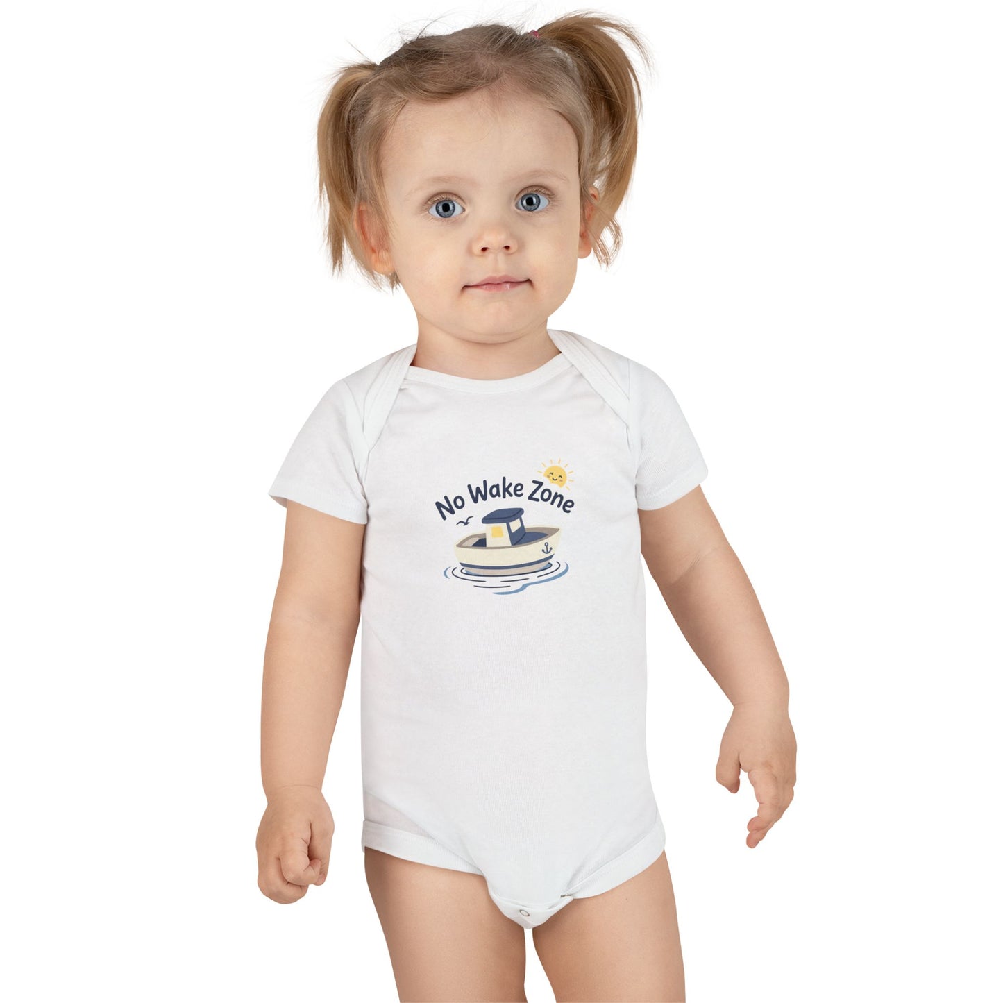 Gray No Wake Zone Onesie flat lay - back view, soft cotton baby bodysuit