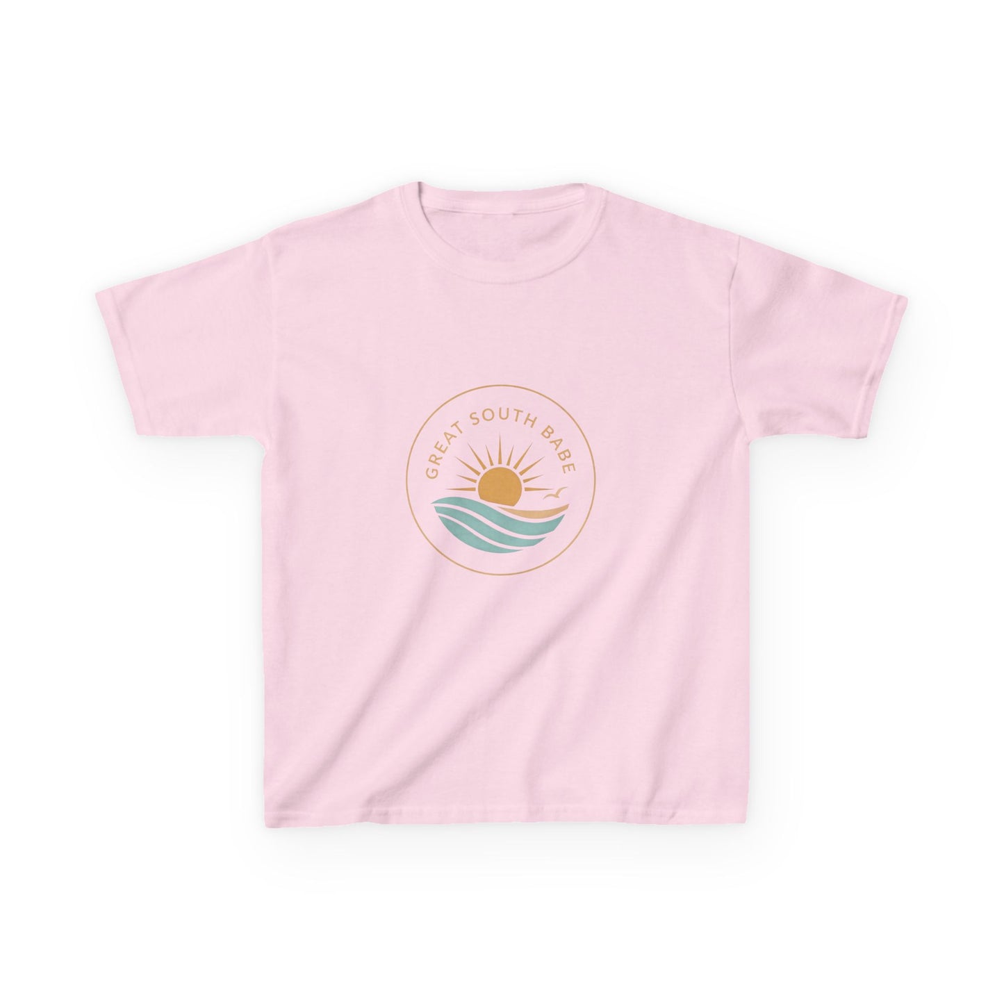 Pink Great South Babe Kids Tee - front view with circular sun and wave logo