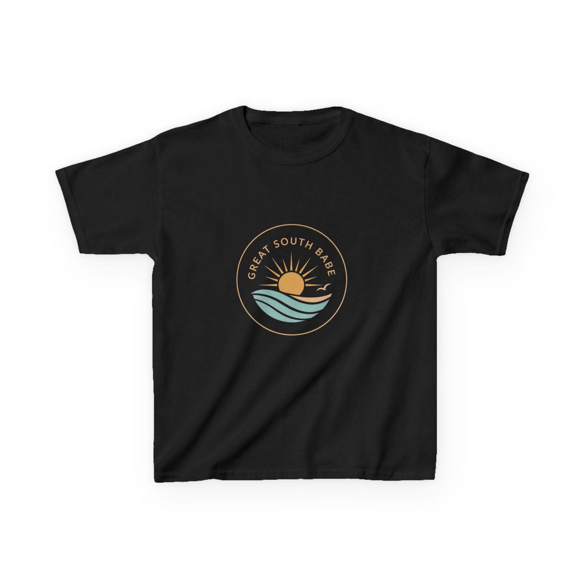 Black Great South Babe Kids Tee - front view with circular sun and wave logo
