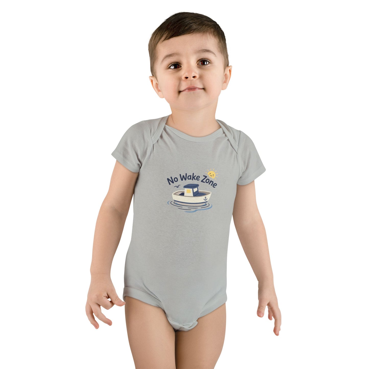 Toddler girl wearing gray No Wake Zone Onesie with nautical boat graphic