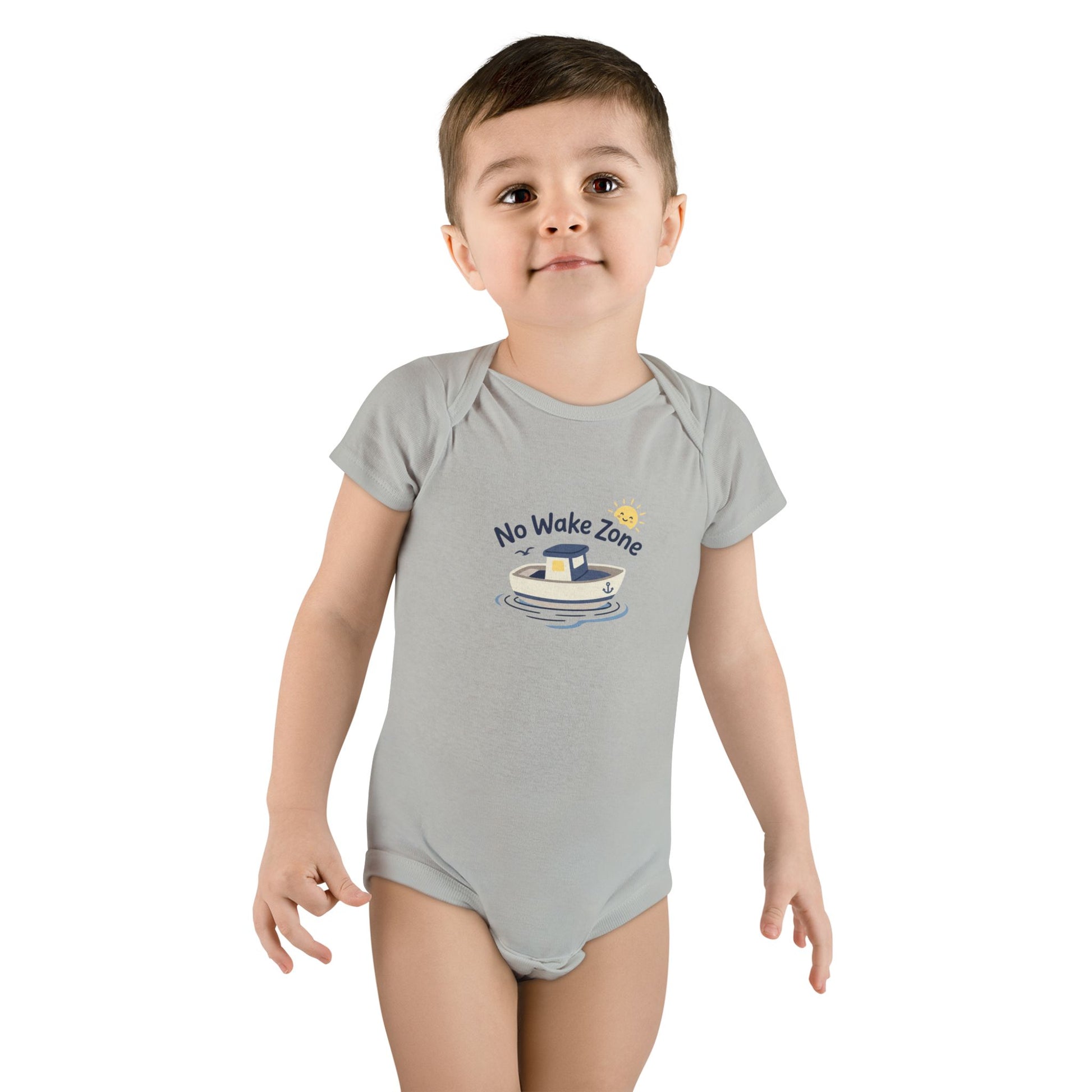 Toddler girl wearing gray No Wake Zone Onesie with nautical boat graphic