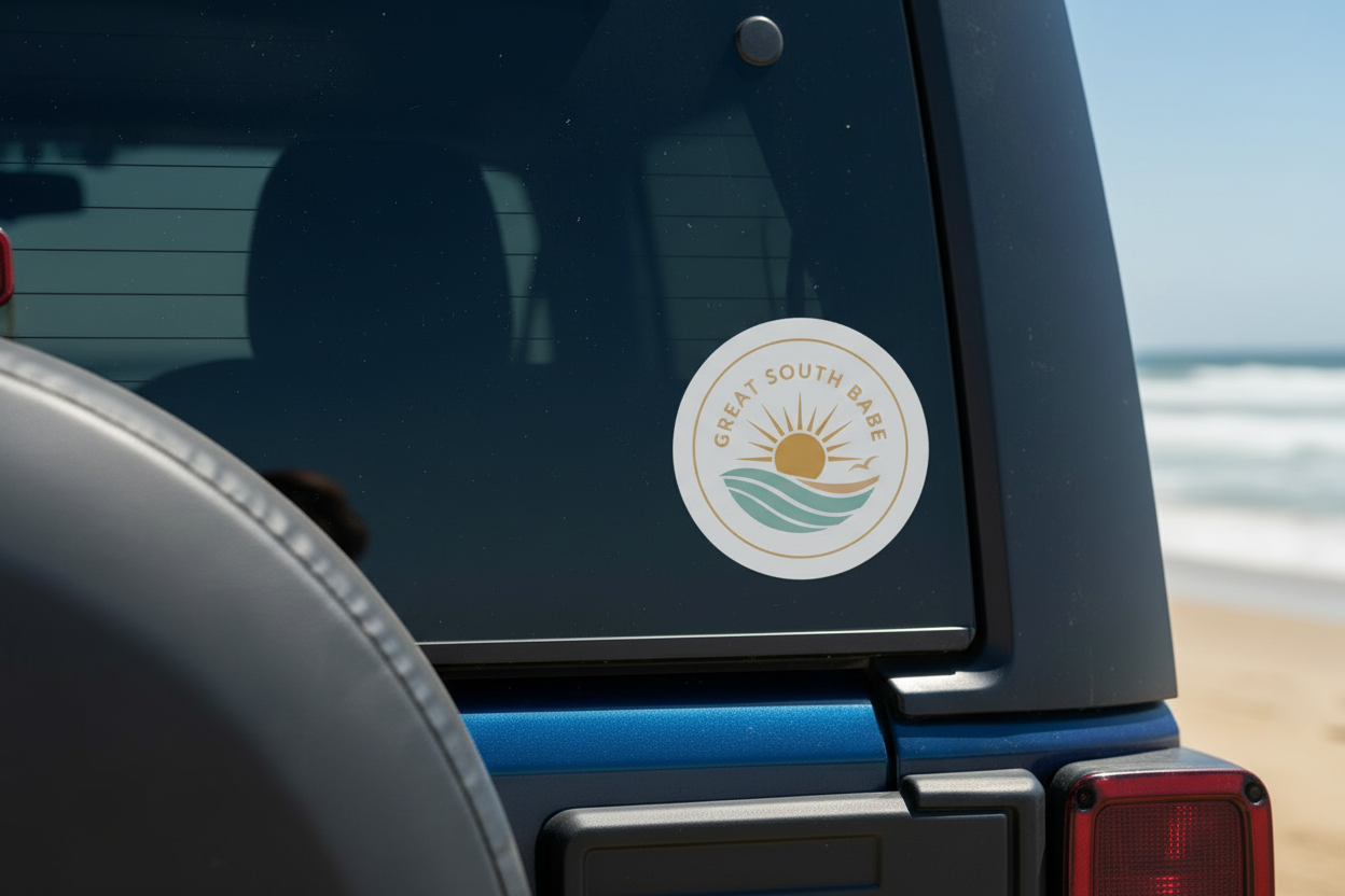 Great South Babe round vinyl sticker on a Jeep rear window at the beach