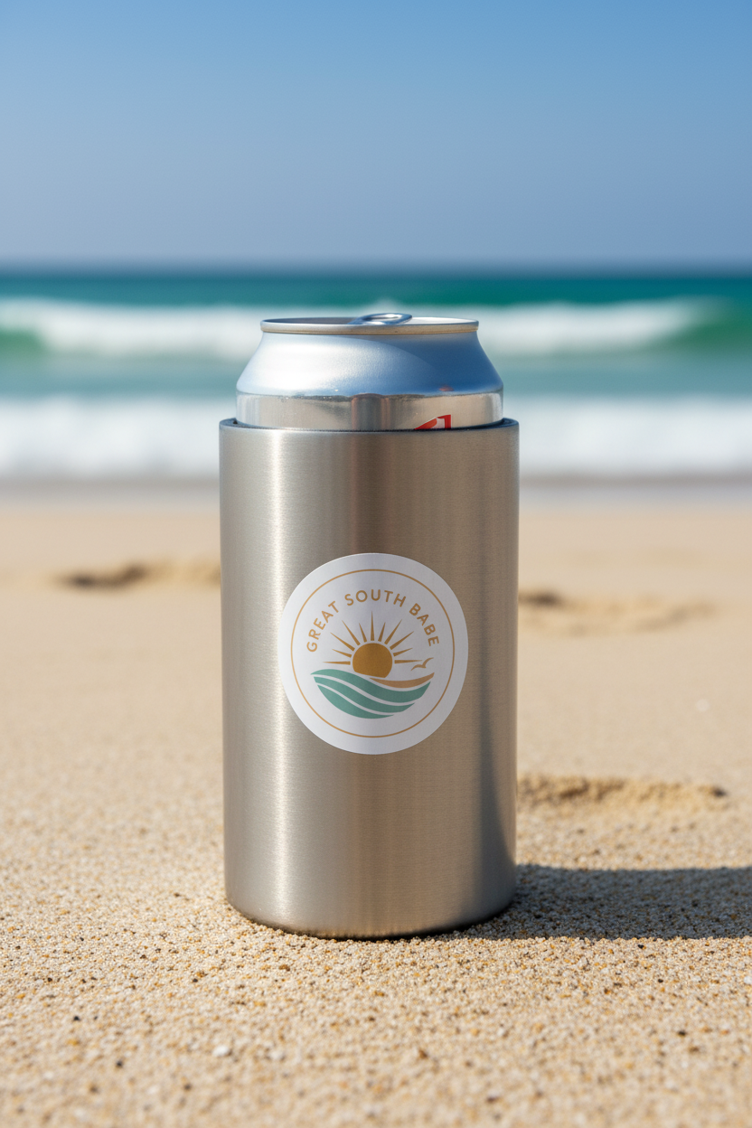 Great South Babe round vinyl sticker on a stainless steel tumbler on the beach