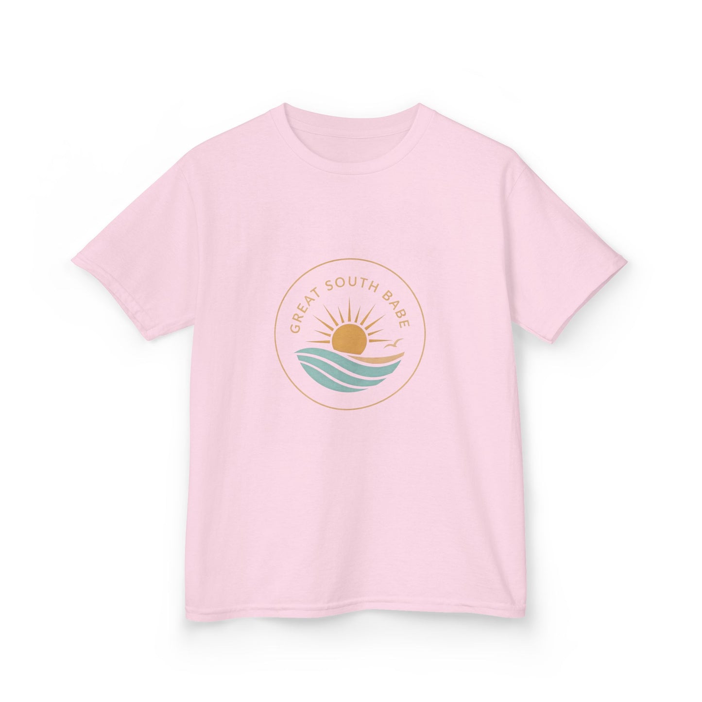 Pink Great South Babe Kids Tee - angled front view with circular sun and wave logo