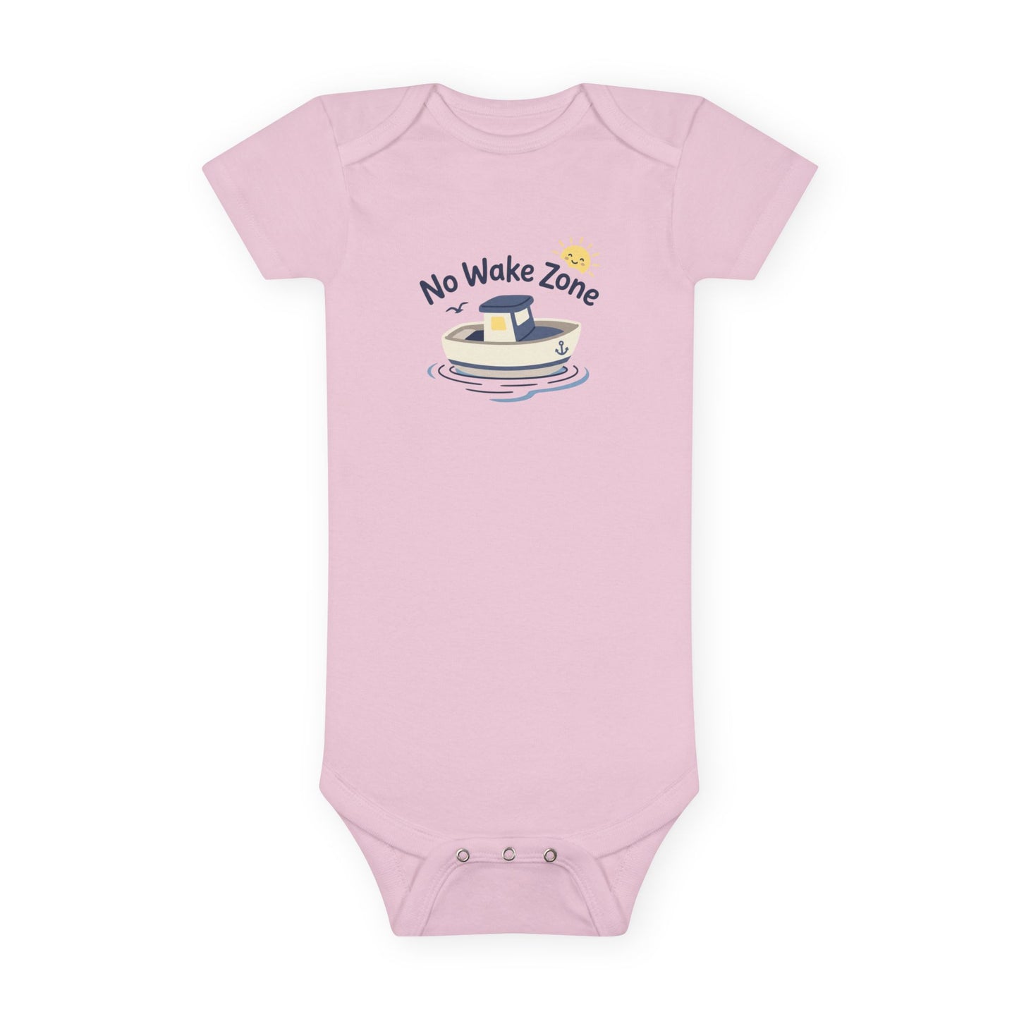 White No Wake Zone Onesie flat lay - back view, soft cotton baby bodysuit