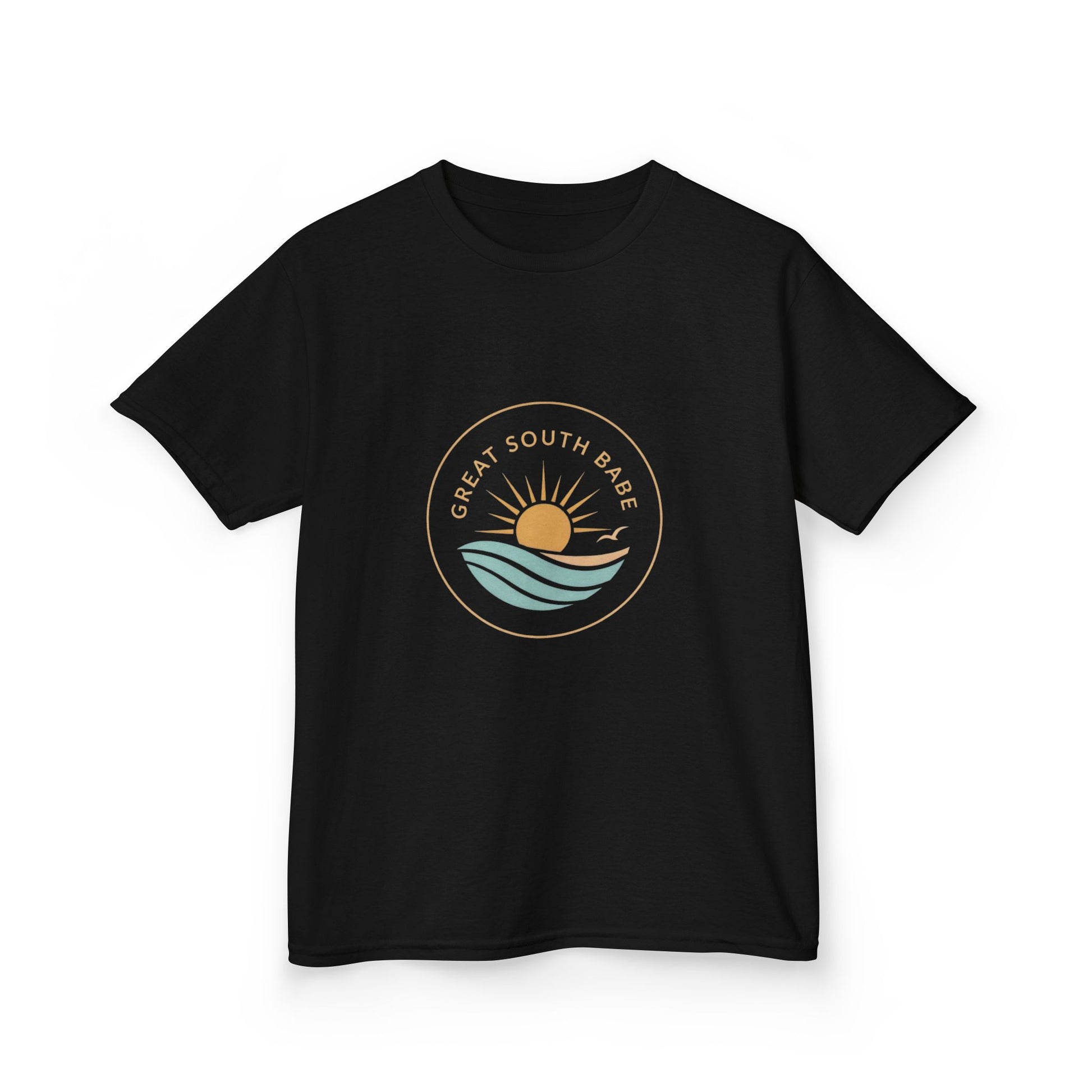 Black Great South Babe Kids Tee - angled front view with circular sun and wave logo