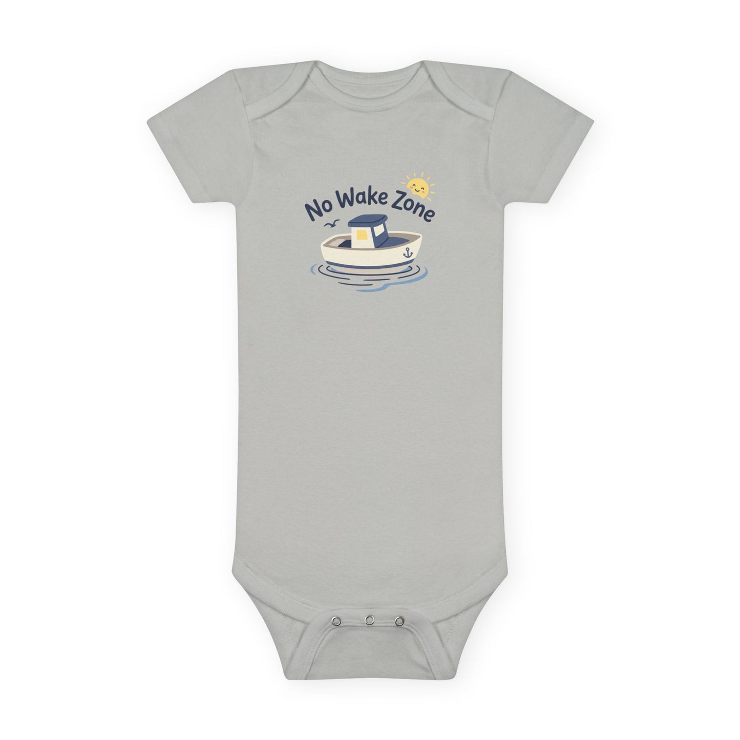 Blue No Wake Zone Onesie flat lay - nautical boat graphic on baby bodysuit