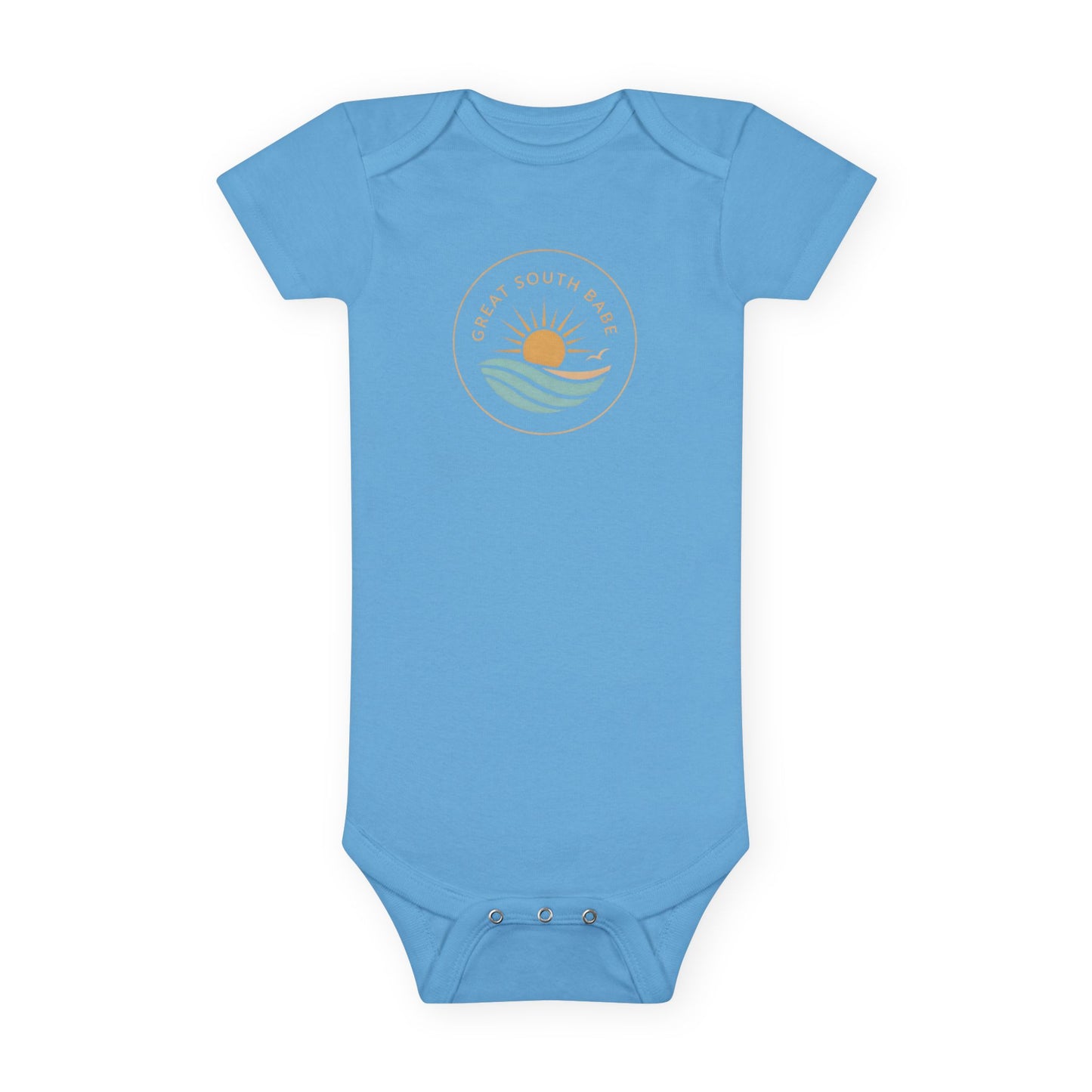 Great South Babe onesie in blue with sun and waves logo, flat lay