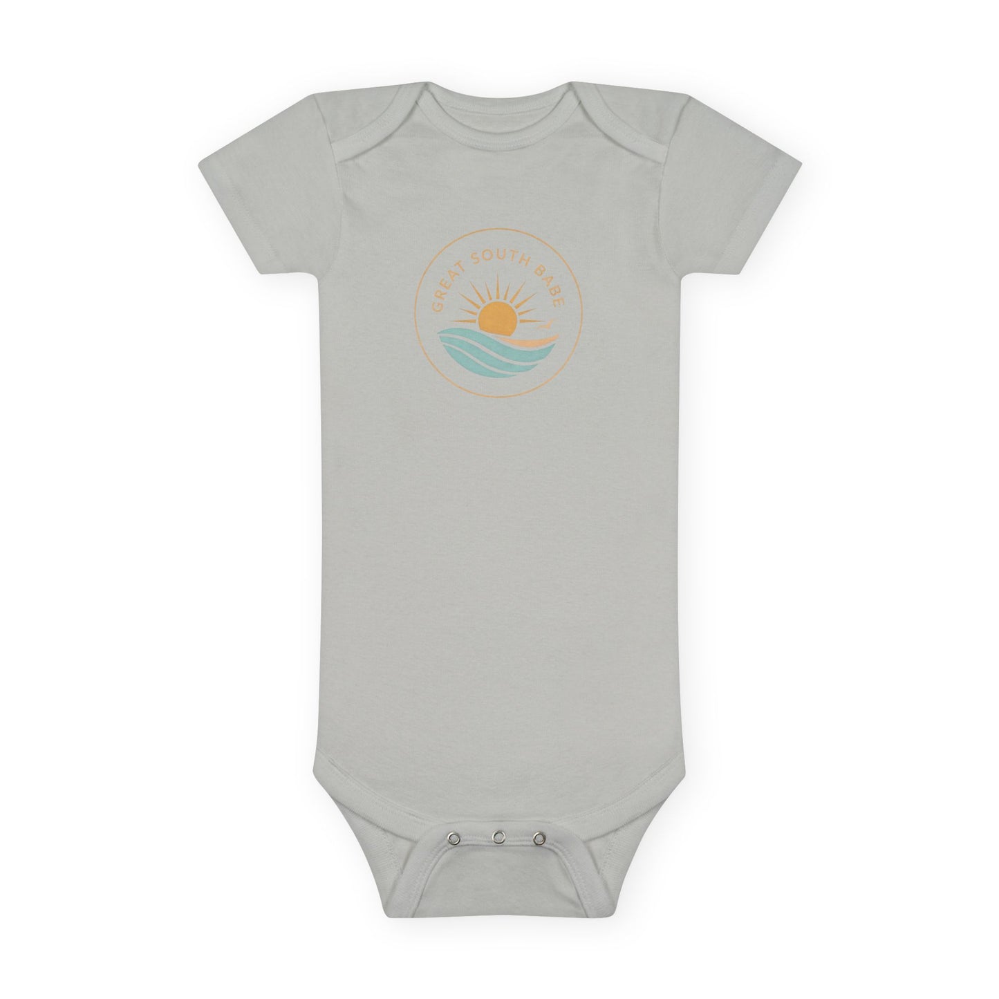 Great South Babe onesie in sport grey with sun and waves logo, flat lay