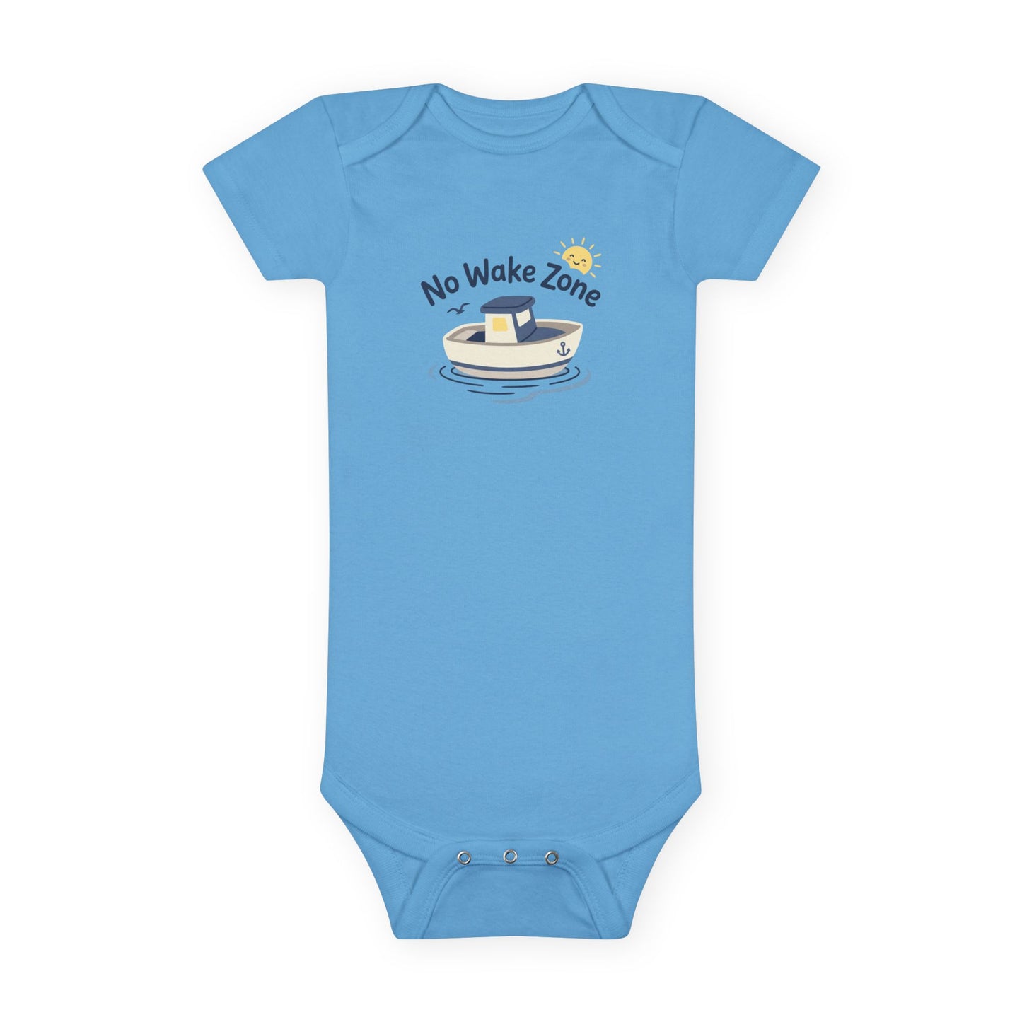 Pink No Wake Zone Onesie flat lay - nautical boat graphic on baby bodysuit