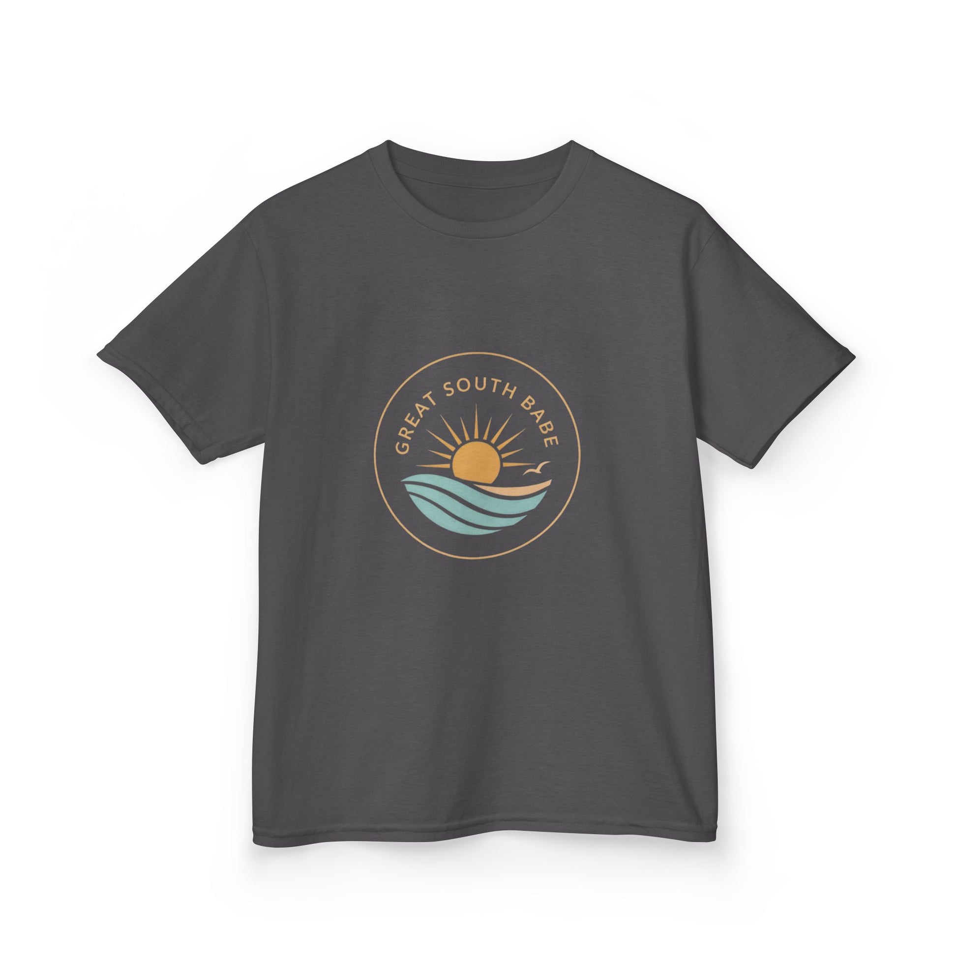 Charcoal Great South Babe Kids Tee - angled front view with circular sun and wave logo
