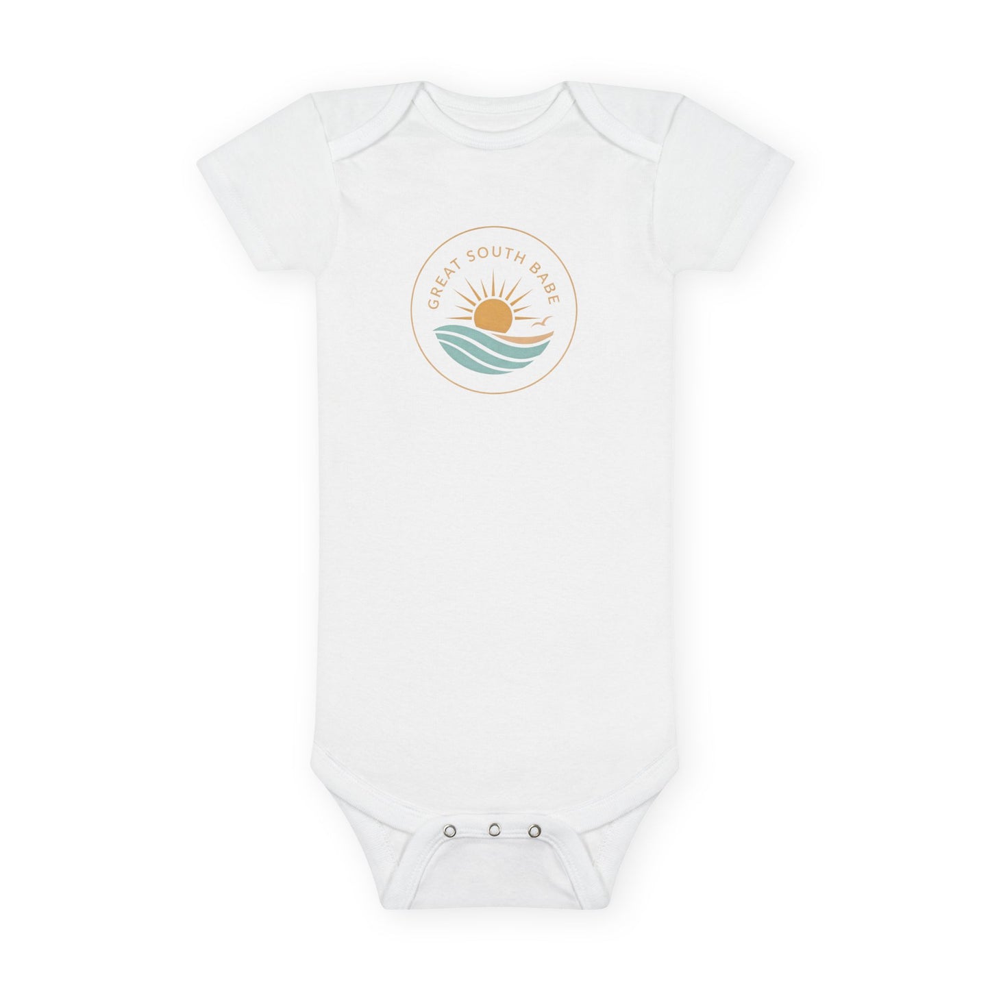 Great South Babe onesie in white with sun and waves logo, flat lay