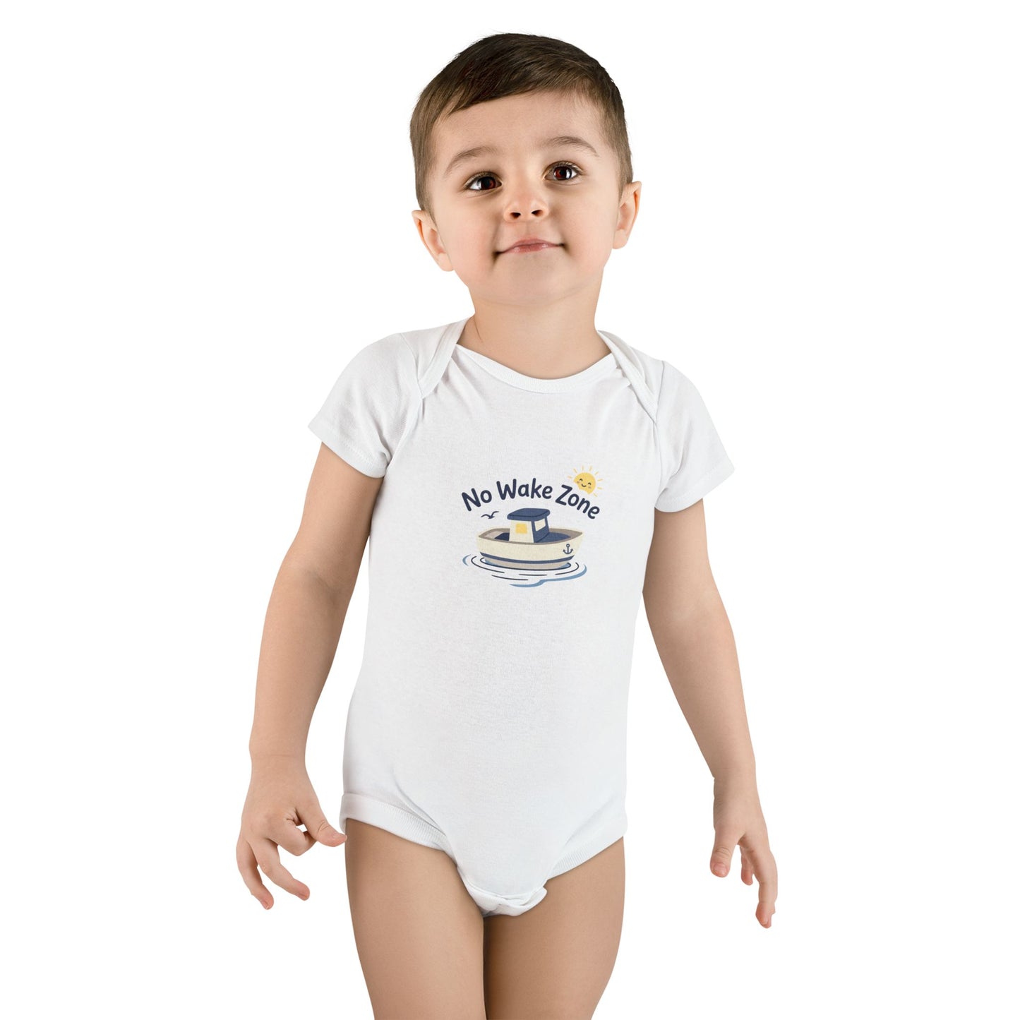 Toddler girl wearing white No Wake Zone Onesie with nautical boat graphic