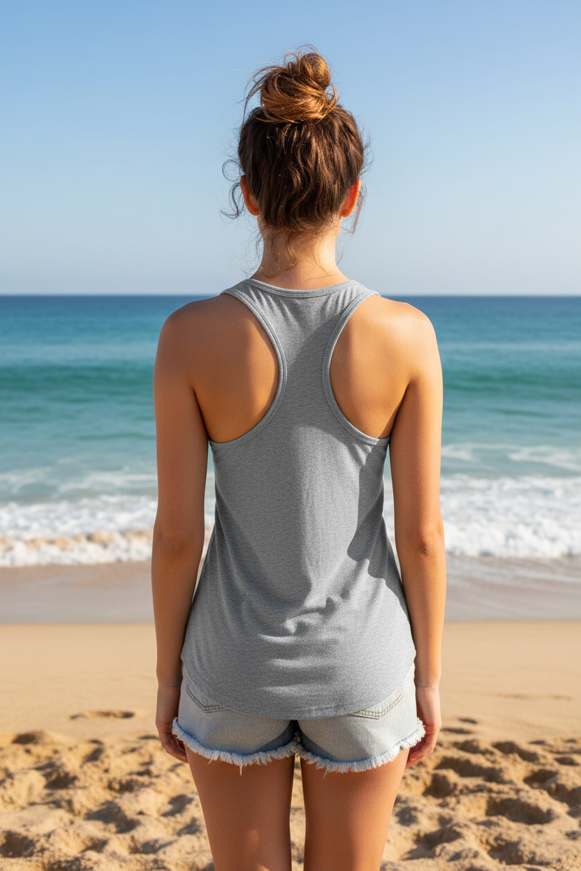 Woman wearing athletic heather grey Apres Sea tank top, back view on the beach