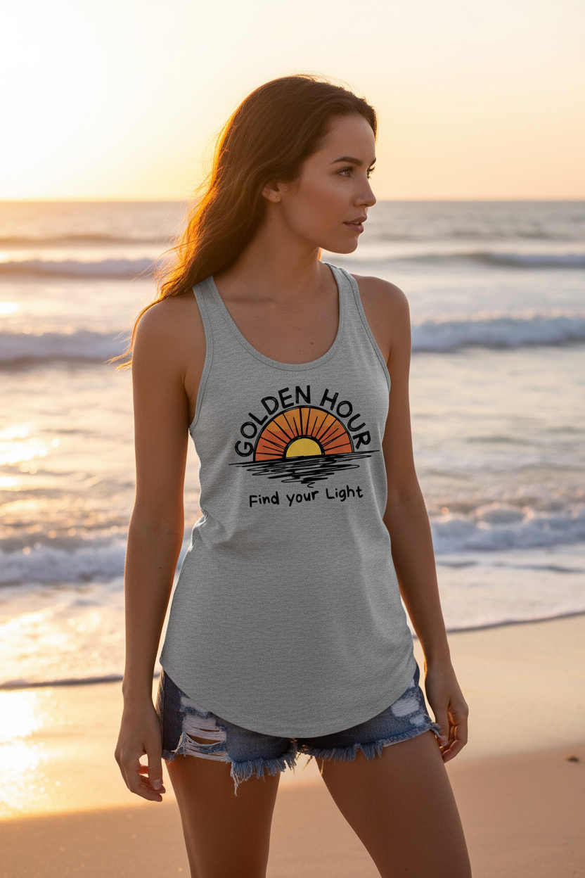 Woman wearing athletic heather grey Golden Hour tank top, front view on the beach at sunset