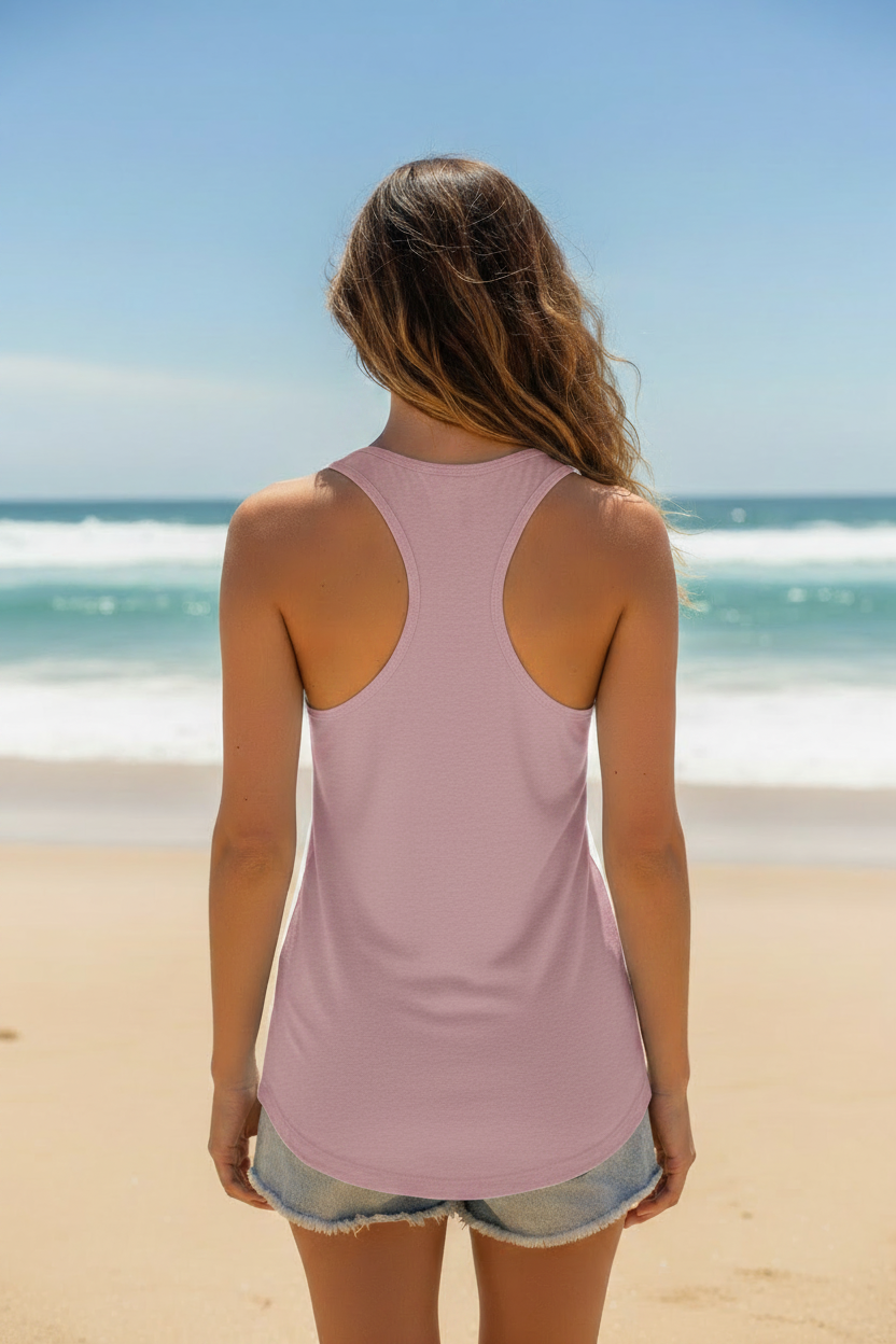 Woman wearing heather mauve Great South Babe tank top, back view on the beach