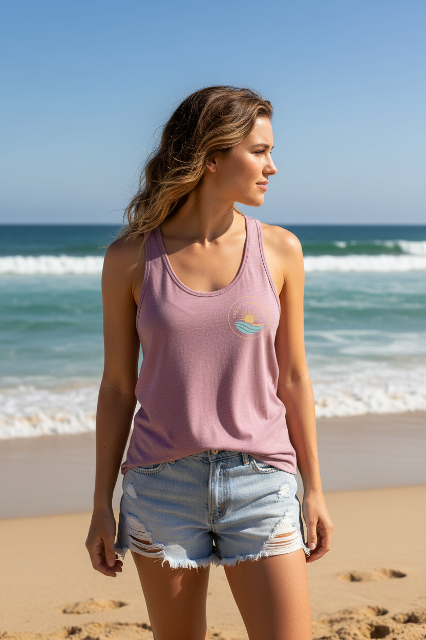 Woman wearing heather mauve Great South Babe tank top, front view on the beach
