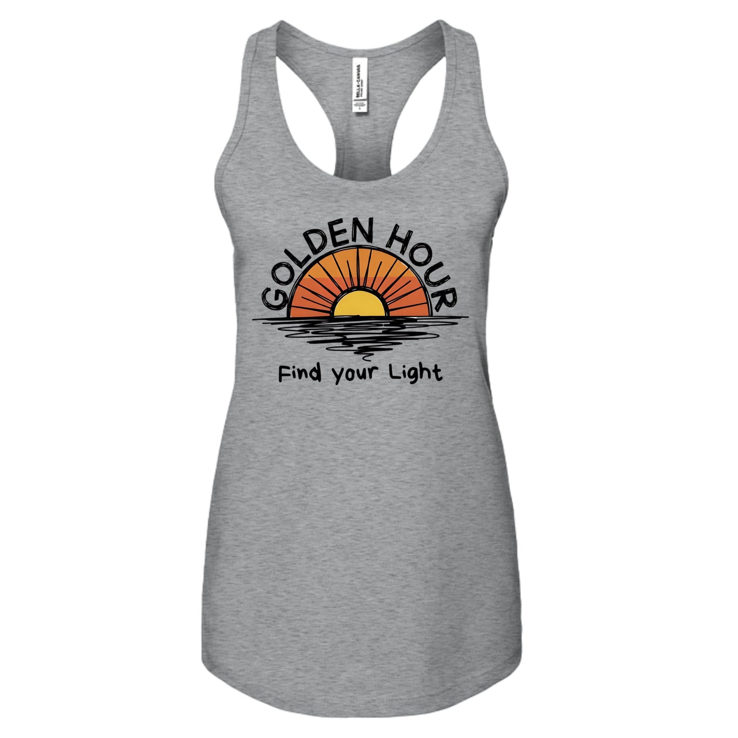 Athletic heather grey Golden Hour tank top, front flat lay with sunset graphic