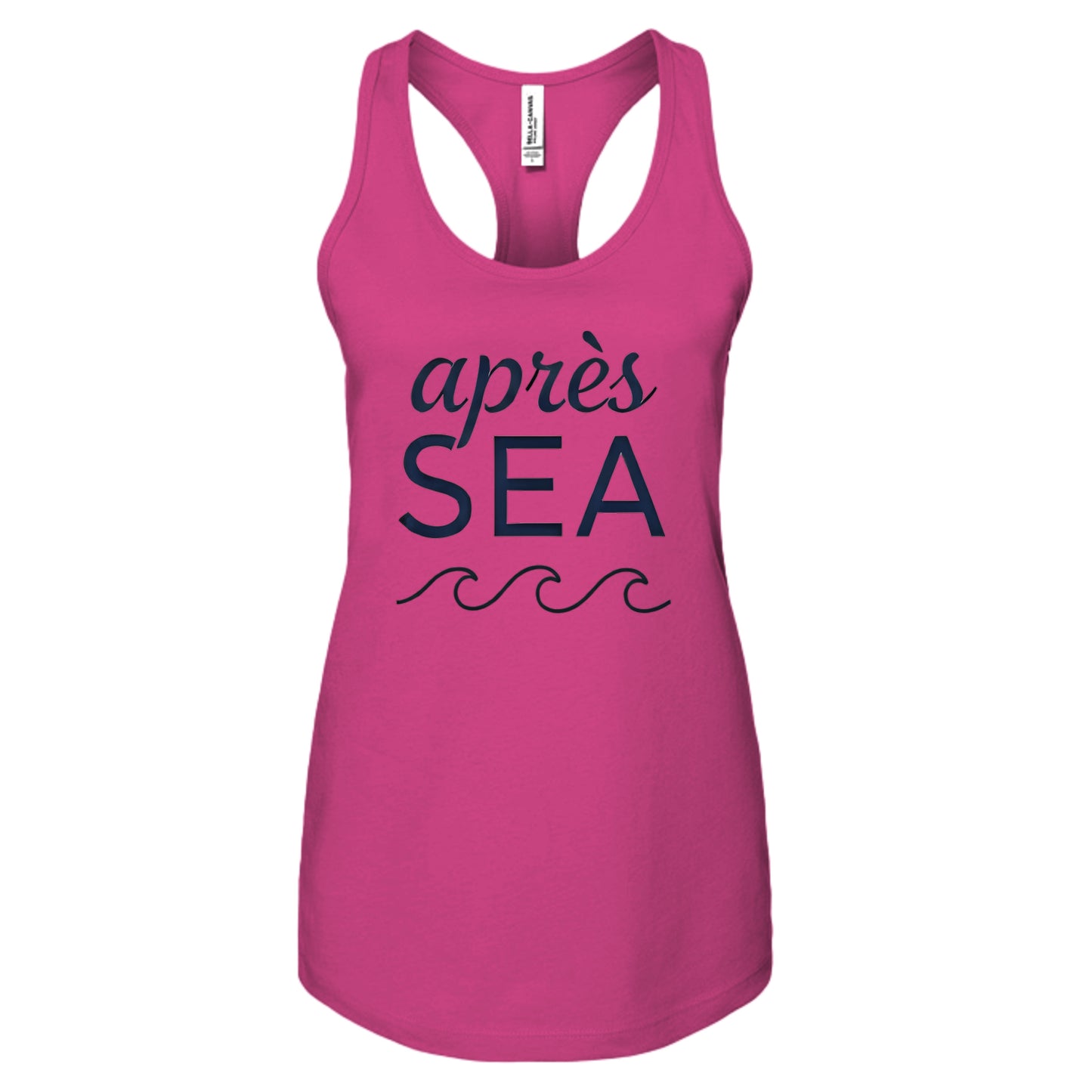 Charity pink Apres Sea tank top, front flat lay with wave graphic