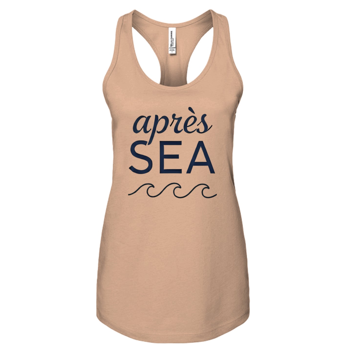 Sunset Apres Sea tank top, front flat lay with wave graphic