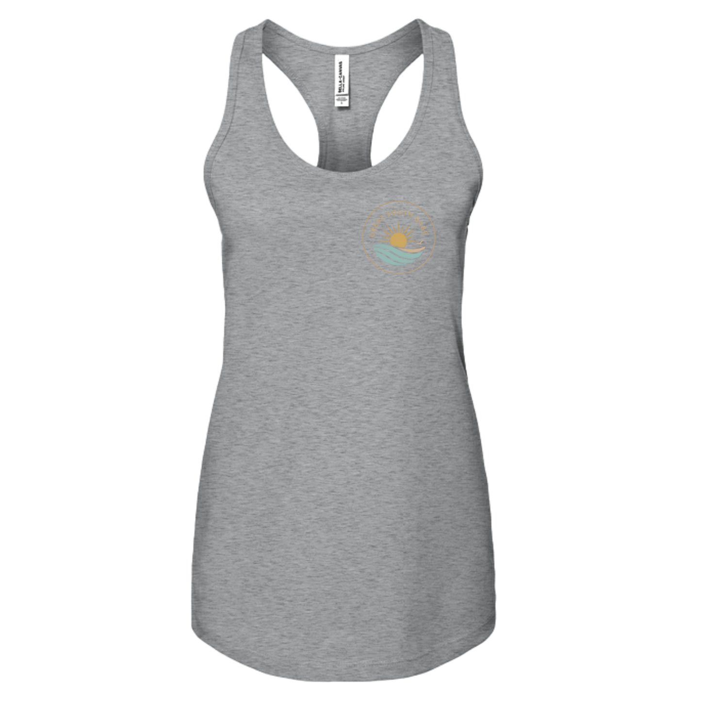 Athletic heather grey Great South Babe tank top, front flat lay with sun and waves logo