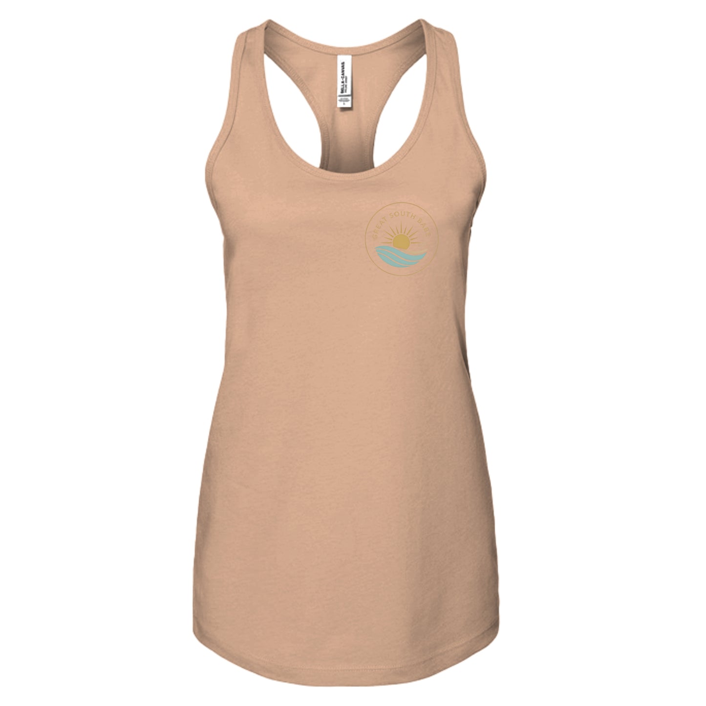 Sunset Great South Babe tank top, front flat lay with sun and waves logo