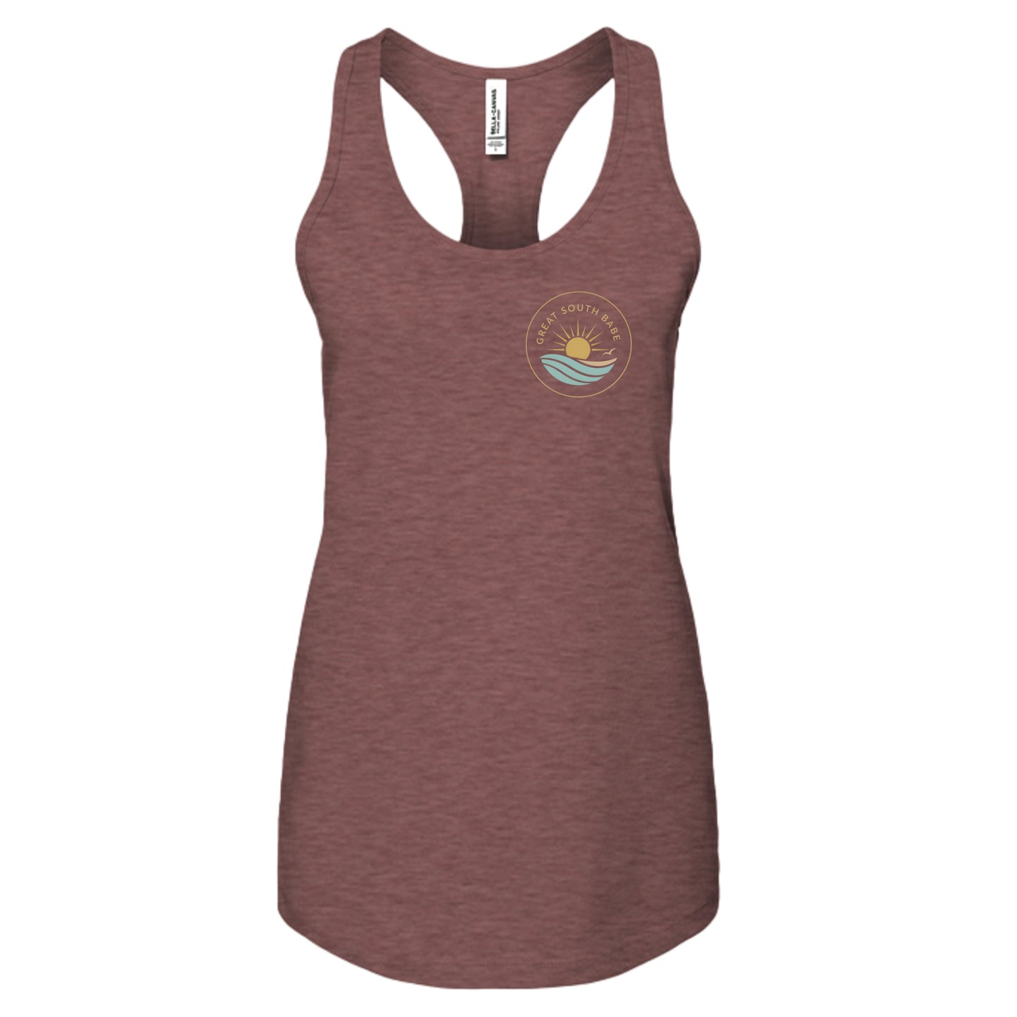 Heather mauve Great South Babe tank top, front flat lay with sun and waves logo