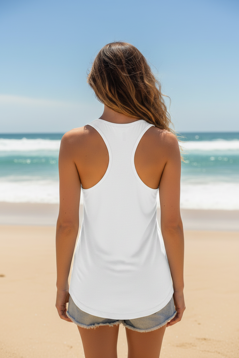 Woman wearing white Great South Babe tank top, back view on the beach