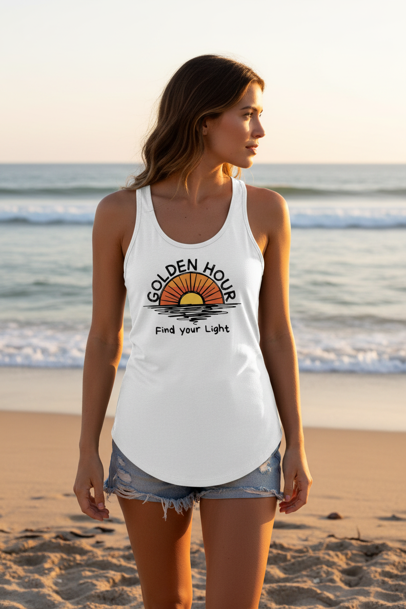 Woman wearing white Golden Hour graphic tank top with sunset design on the beach